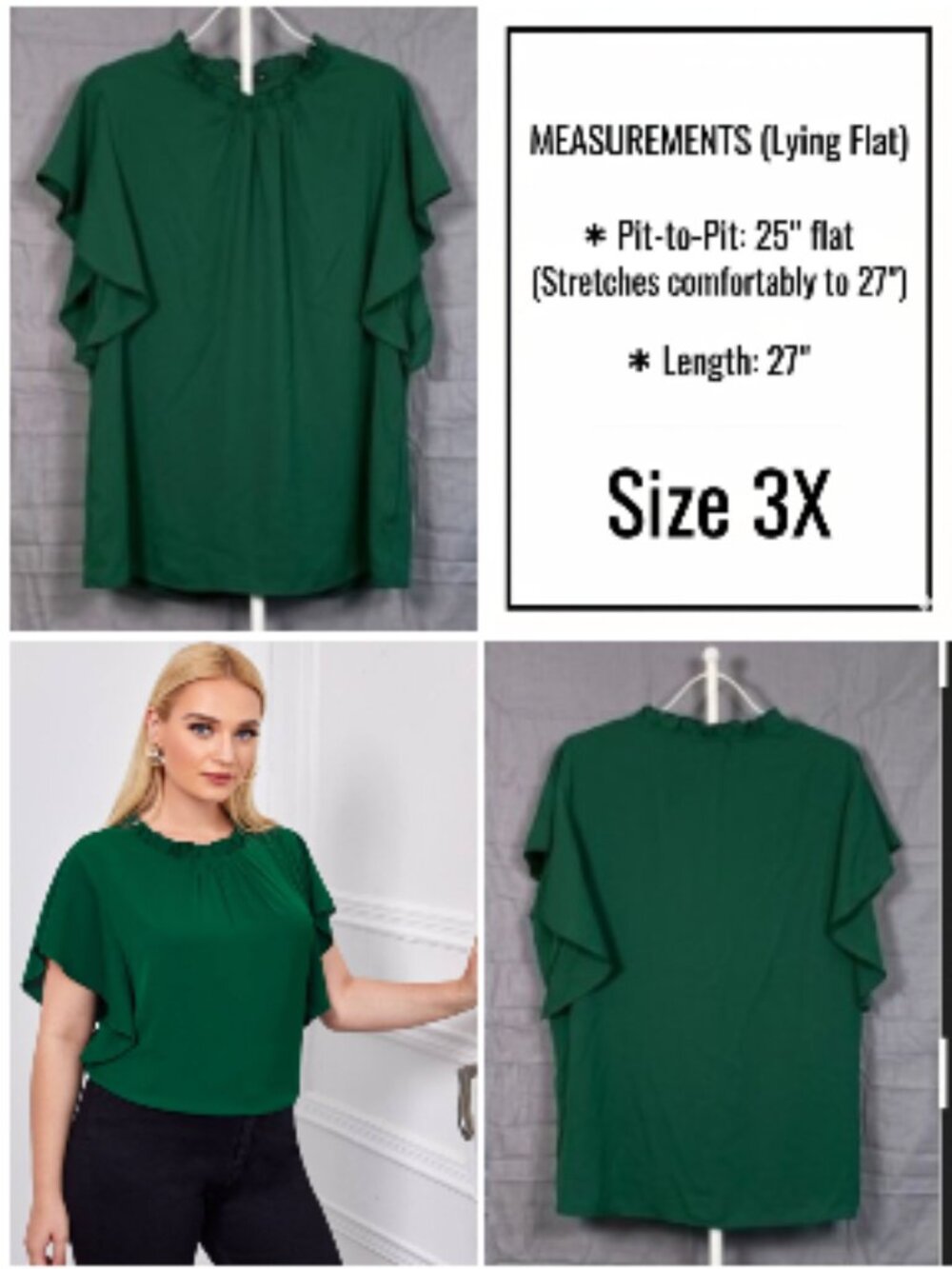 SHEIN Curve ClasiGreen Frill Neck Butterfly Sleeve Top Plus Size 3X (Fits 22/24)